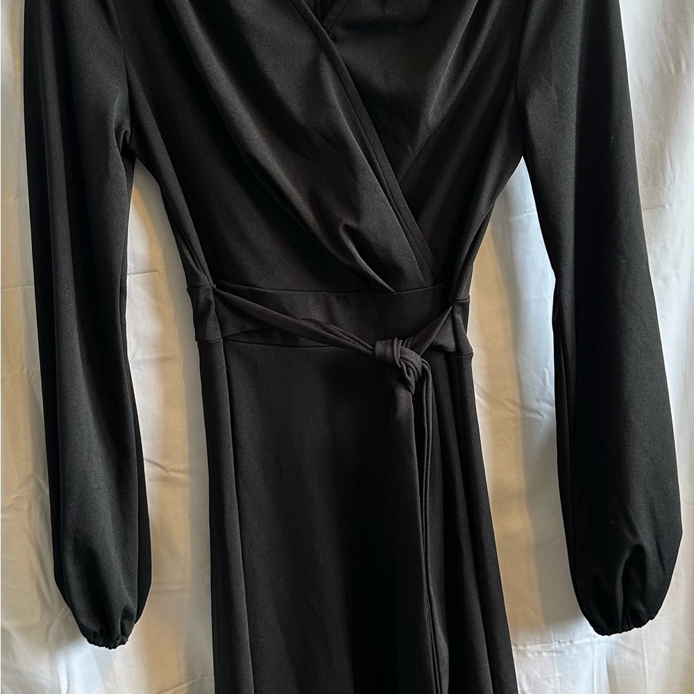 Elegant Black Wrap Dress with Cowl Neck and Bishop Sleeves